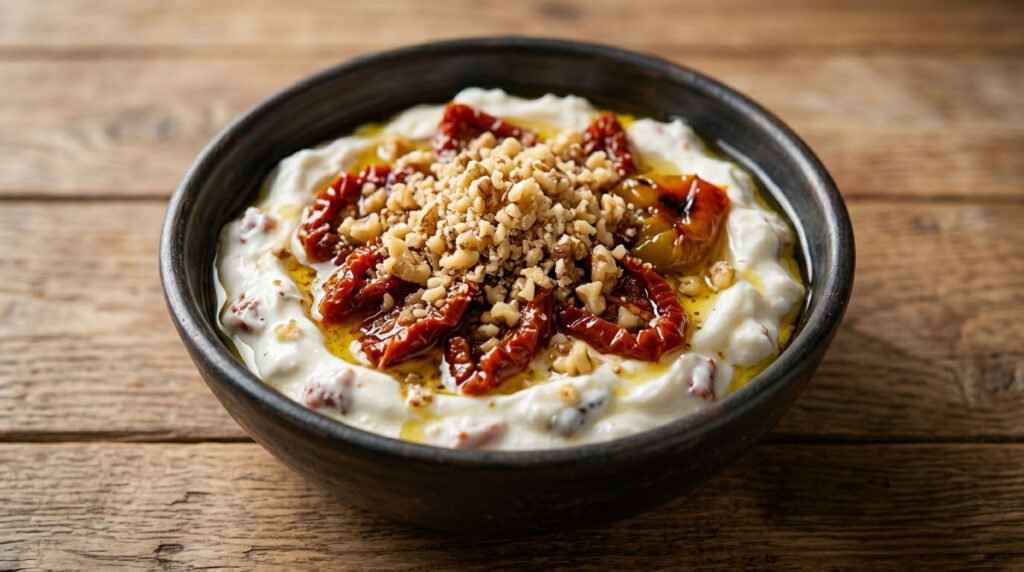 Atom meze with sundried tomatoes, roasted peppers, and plenty of walnuts, prepared for Ceviz Ev Yapımı.