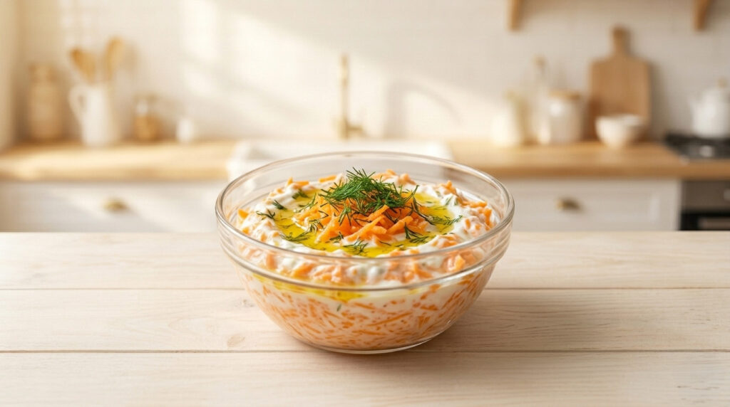 Vibrant orange carrot tarator garnished with dill and olive oil from the Ceviz Ev Yapımı kitchen.