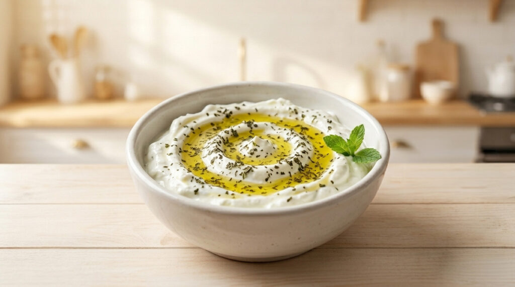 Thick strained yogurt haydari served with fresh mint and extra virgin olive oil in Ceviz Ev Yapımı style.