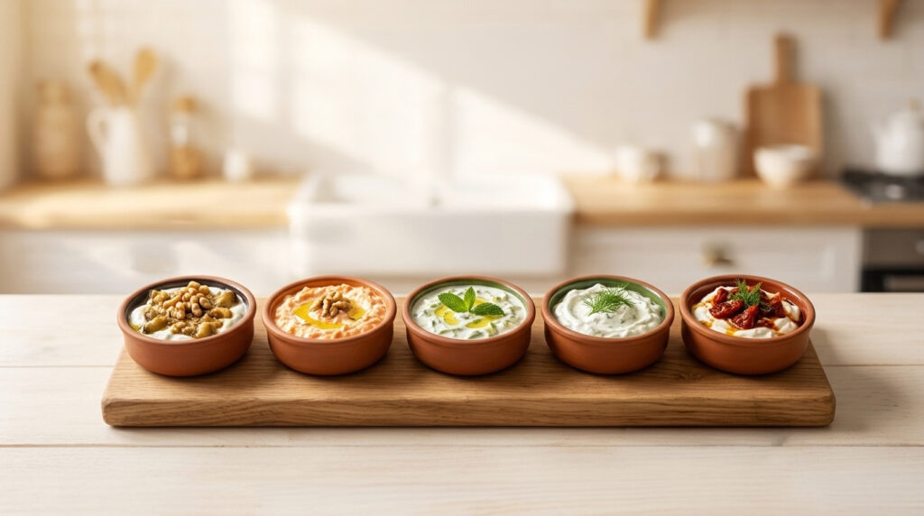 A combined presentation of 5 different yogurt meze bowls prepared in the Ceviz Ev Yapımı kitchen.