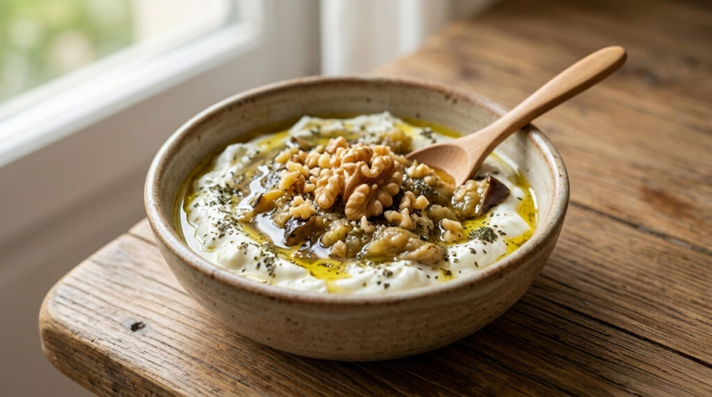 Roasted eggplant with strained yogurt, topped with plenty of walnuts, Ceviz Ev Yapımı style.