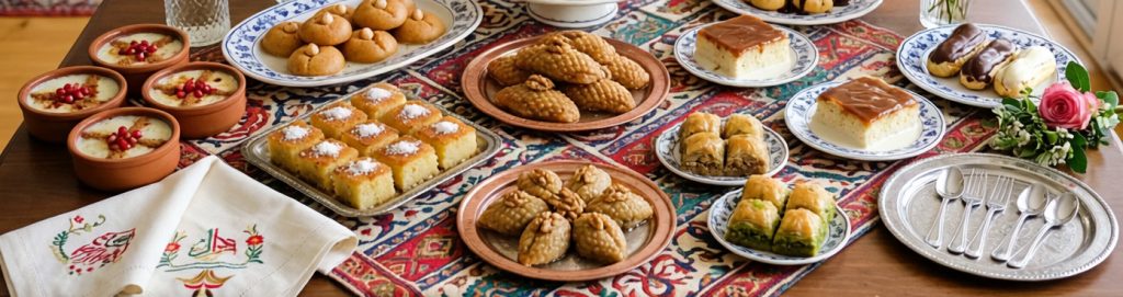 A bountiful Eid table presenting a mixture of baklava, sekerpare, eclairs, and rice pudding.