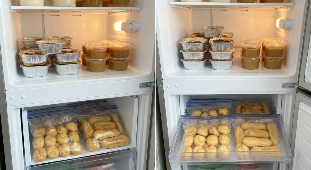 Portion-controlled desserts and dough organized in the freezer