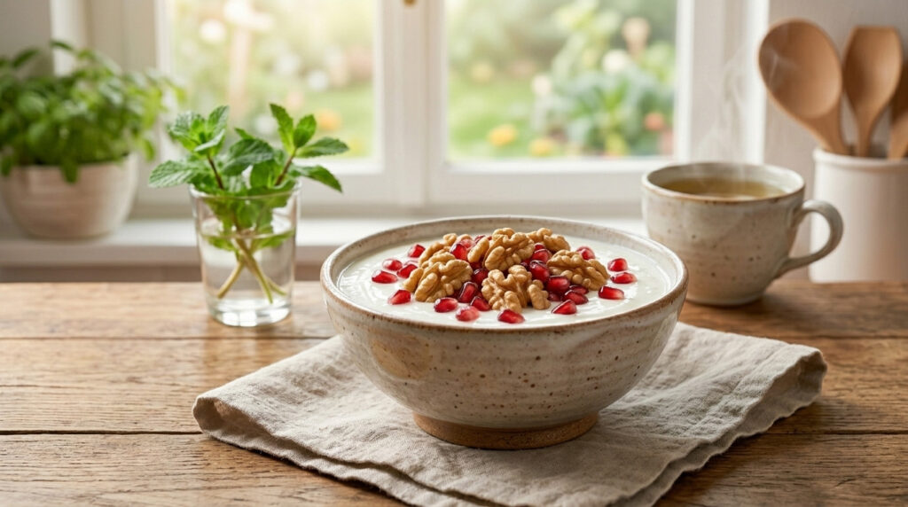 An immunity-boosting breakfast bowl prepared with kefir, fresh walnut kernels, and pomegranate seeds on the rustic wooden countertop of Ceviz Ev Yapımı.