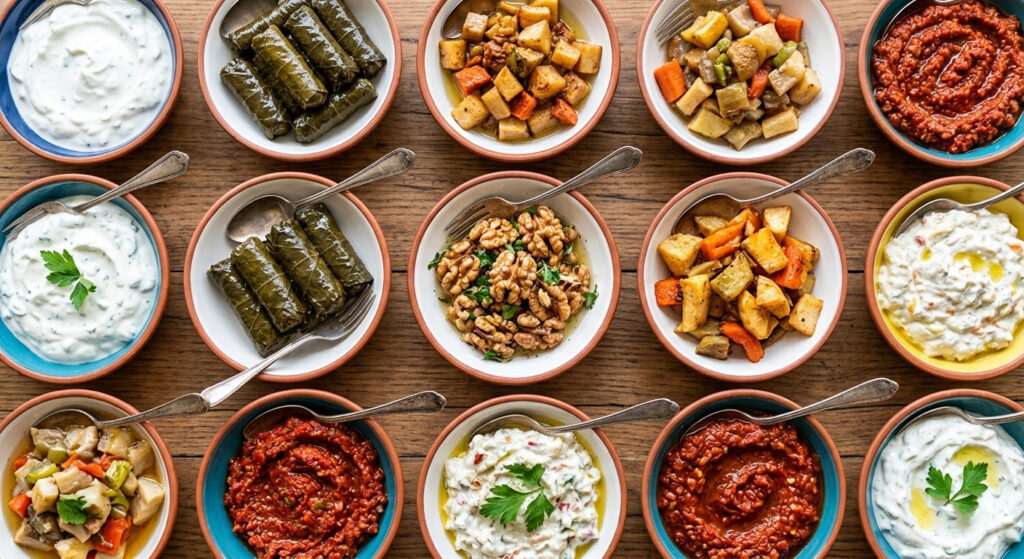 Overhead shot showing the variety of yogurt-based, olive oil-based, and walnut mezes served in small portions at Ceviz Ev Yapımı.