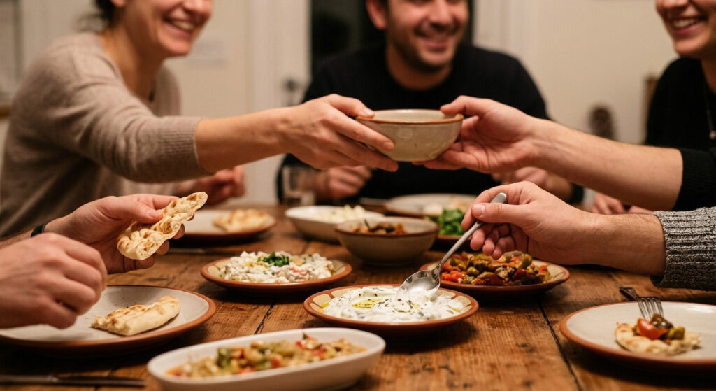 A close-up of hands dipping bread, passing a bowl, and holding tea glasses over a table full of Ceviz Ev Yapımı mezes, capturing a warm sharing moment.