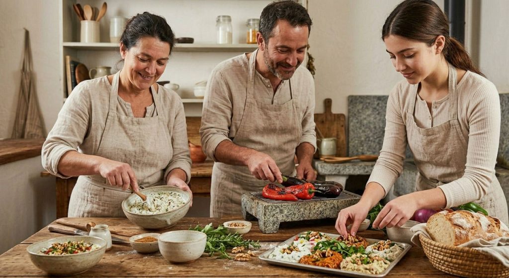 The process of Ceviz Ev Yapımı team preparing mezes together in peace.