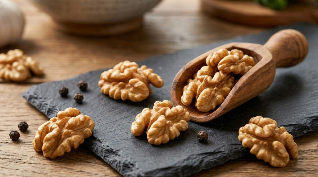 Fresh walnut kernels picked with a wooden spoon, surrounded by scattered black peppercorns on the rustic wooden countertop of Ceviz Ev Yapımı.