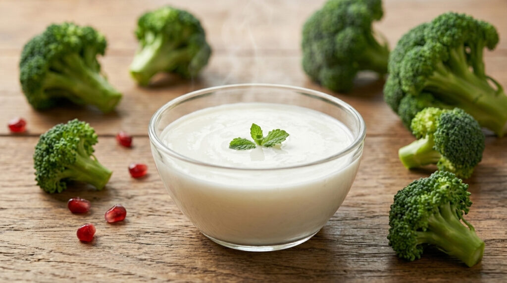 A fresh bowl of kefir garnished with a mint leaf on Ceviz Ev Yapımı's wooden countertop; blurry broccoli and pomegranate seeds in the background.