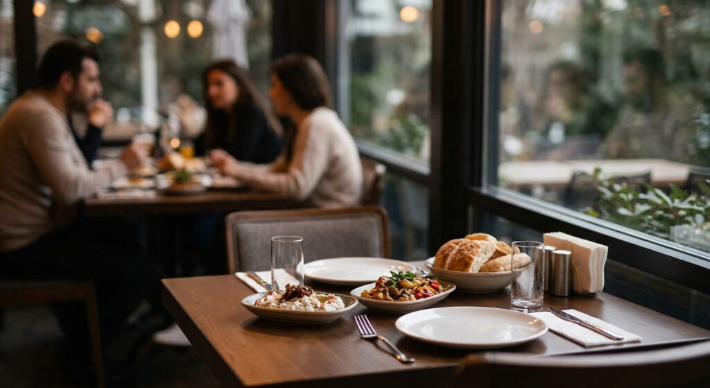 A neatly set table by a window filled with Ceviz Ev Yapımı mezes and fresh bread, with patrons conversing in the background.