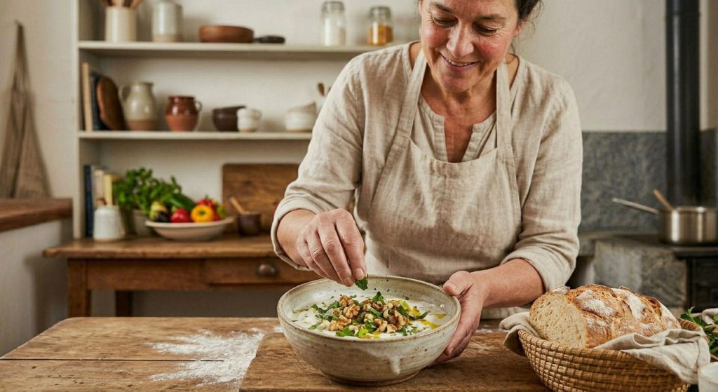 A meze prepared with simple ingredients on an organized kitchen counter.