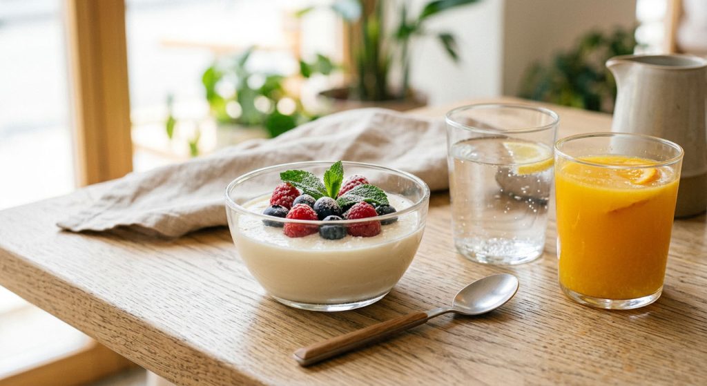 A bowl of light milk dessert garnished with forest fruits, water, and fruit juice on a wooden table.
