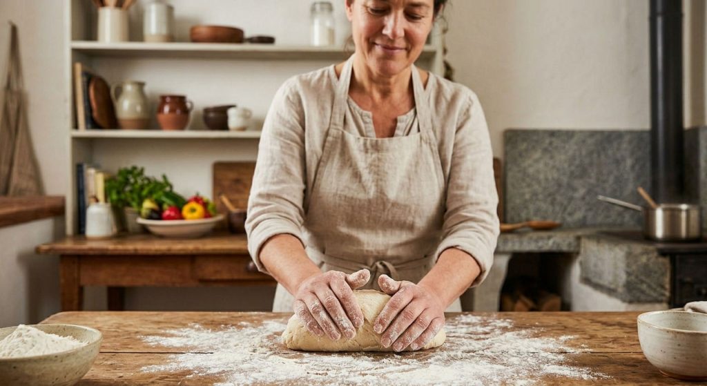 Professional hands calmly preparing dough in the Ceviz Ev Yapımı kitchen.