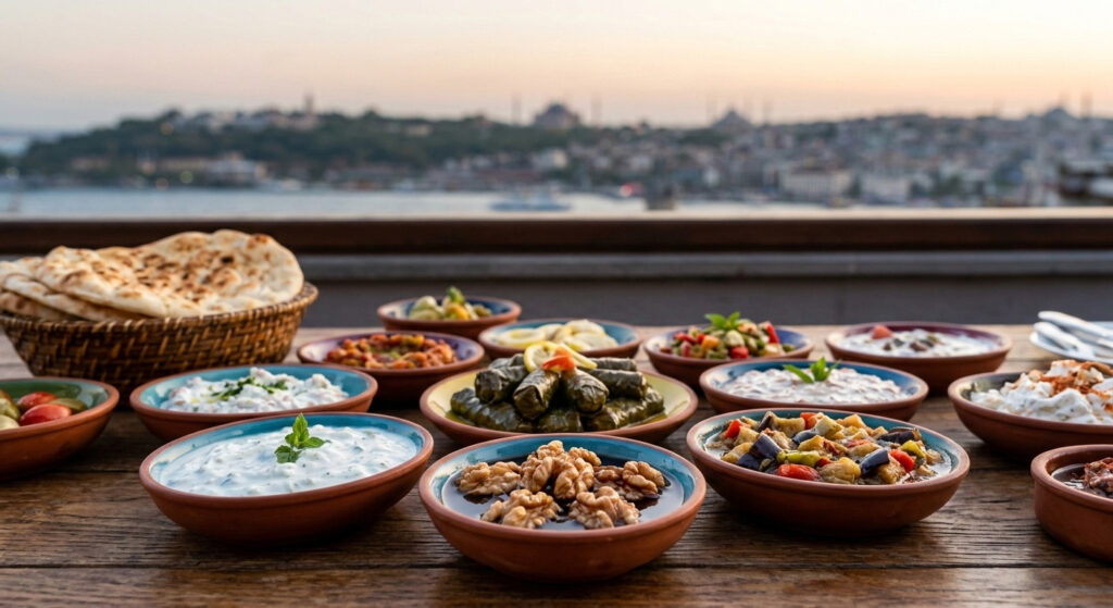 A rich table full of fresh and homemade meze varieties from Ceviz Ev Yapımı set against the Istanbul skyline.