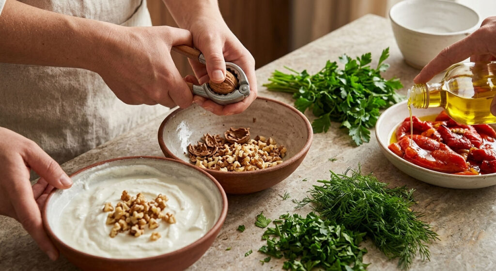 A chef cracking fresh walnuts by hand and preparing meze with extra virgin olive oil and fresh herbs for Ceviz Ev Yapımı.
