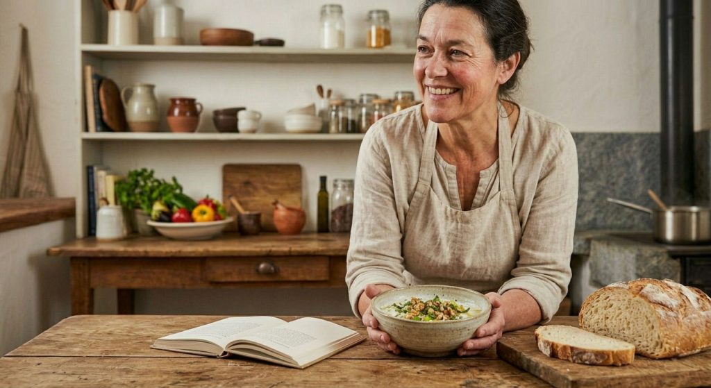 A peaceful portrait of a happy, relaxed person in a kitchen corner.