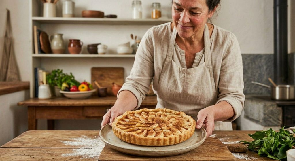 A chef looking proudly at a perfectly baked cake or dish.