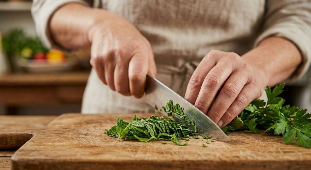 Close-up of someone chopping vegetables on a cutting board, a moment of focus.