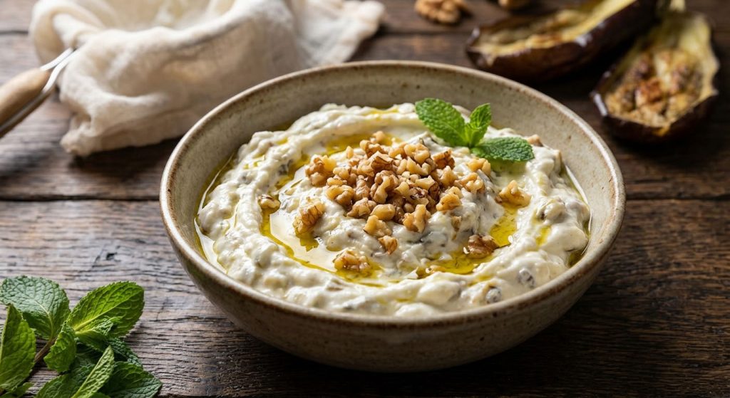 Turkish yogurt and walnut meze appetizer plate presentation